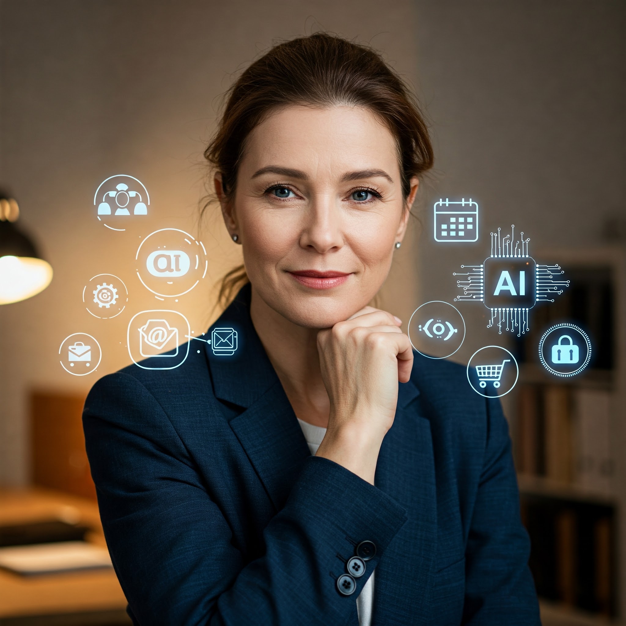 Sylwetka kobiety, wokół której unoszą się delikatne ikony reprezentujące różne codzienne zadania (np. e-mail, kalendarz, zakupy) oraz ikony AI, które te zadania automatyzują.